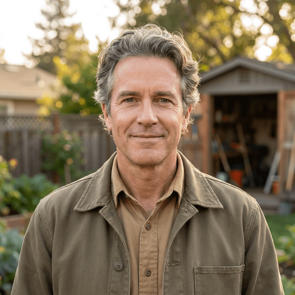 David Thompson, small business owner, standing beside desktop showing his business website
