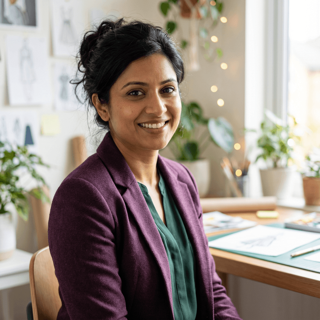 Aisha Patel, event planning entrepreneur, in creative workspace with engaged expression