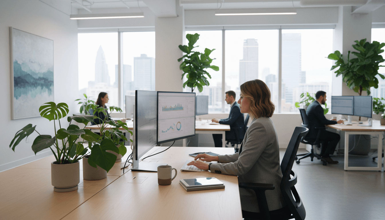 Customer success specialist providing guidance at modern office workspace
