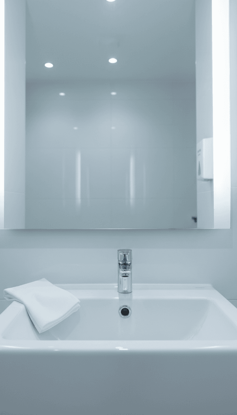 Spotless restroom sink with dry faucet