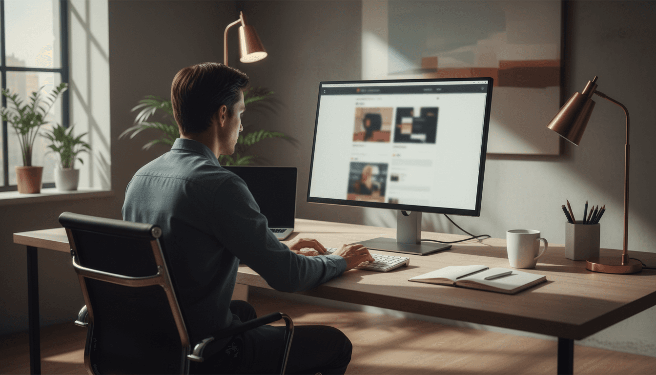 Designer working on a website builder platform at a modern desk with natural lighting