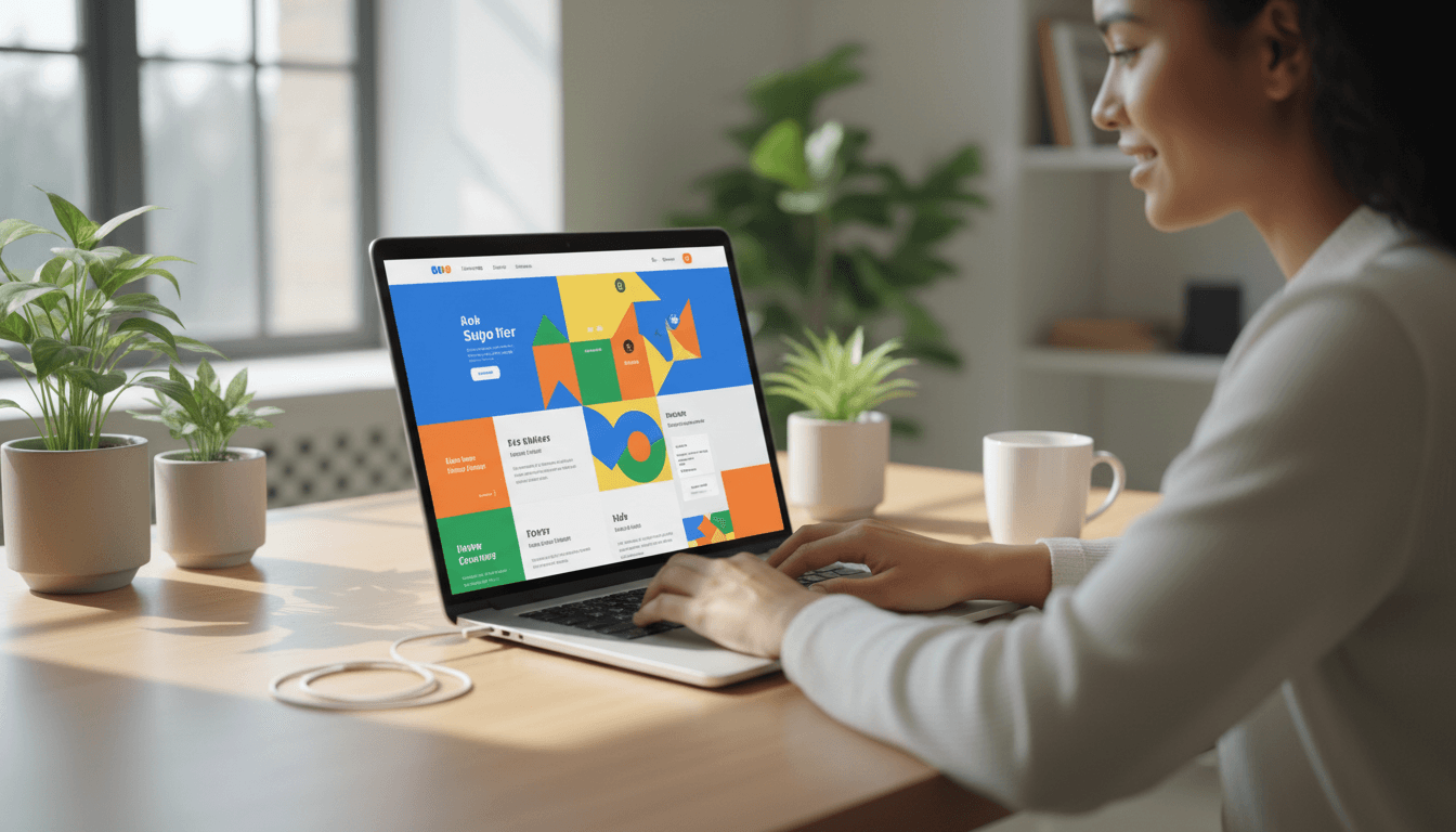Person working on a laptop with website builder interface visible, focused and engaged in a bright workspace