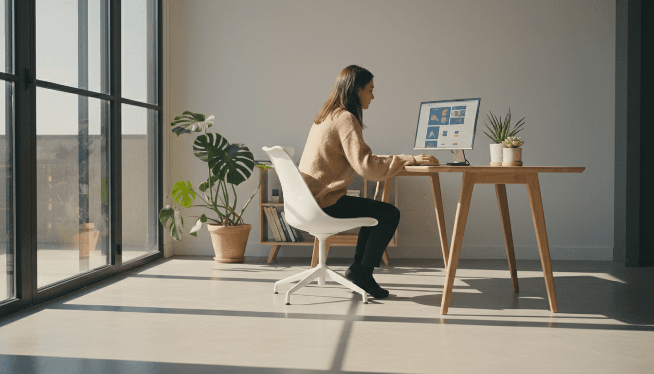 Professional at desk reviewing website designs with focused attention