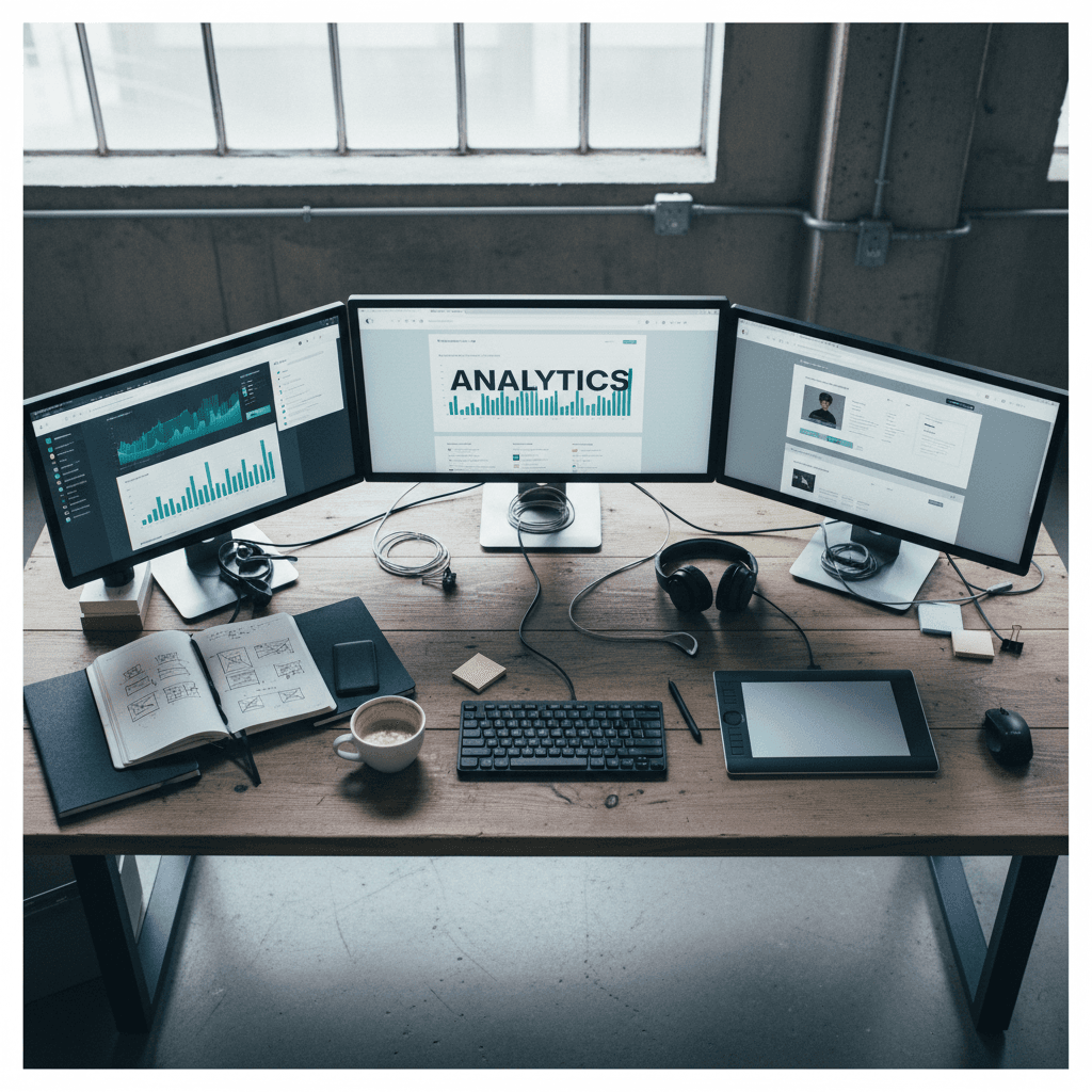Website analytics and design tools displayed on screens