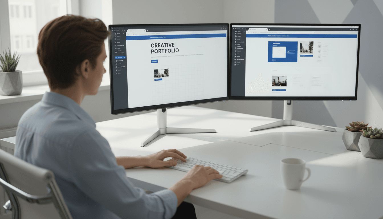 Web designer working on a website builder interface at a modern desk with dual monitors