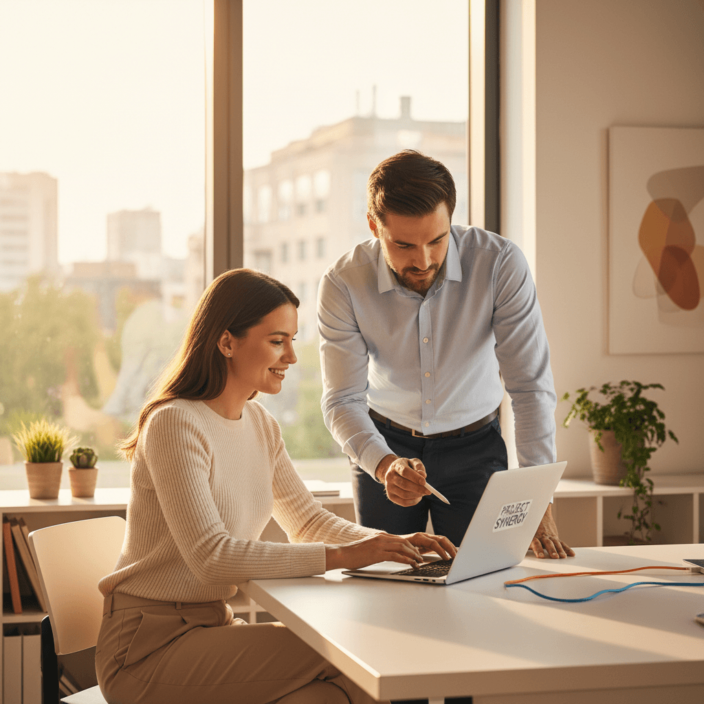 Two people collaborating at a laptop screen in a bright office