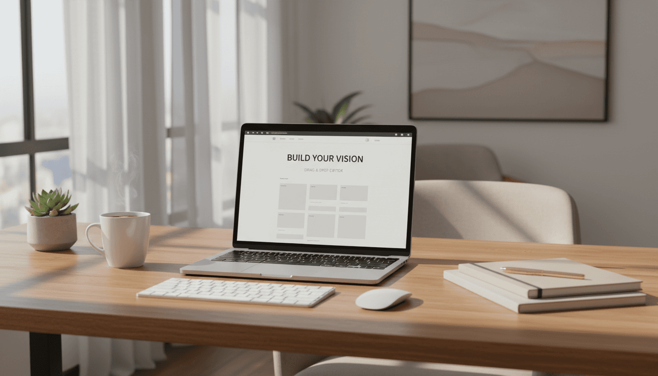 Modern laptop workspace with website builder interface on screen