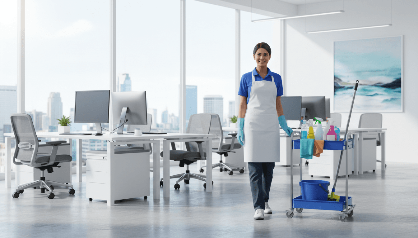 Professional cleaner with supplies in a bright office