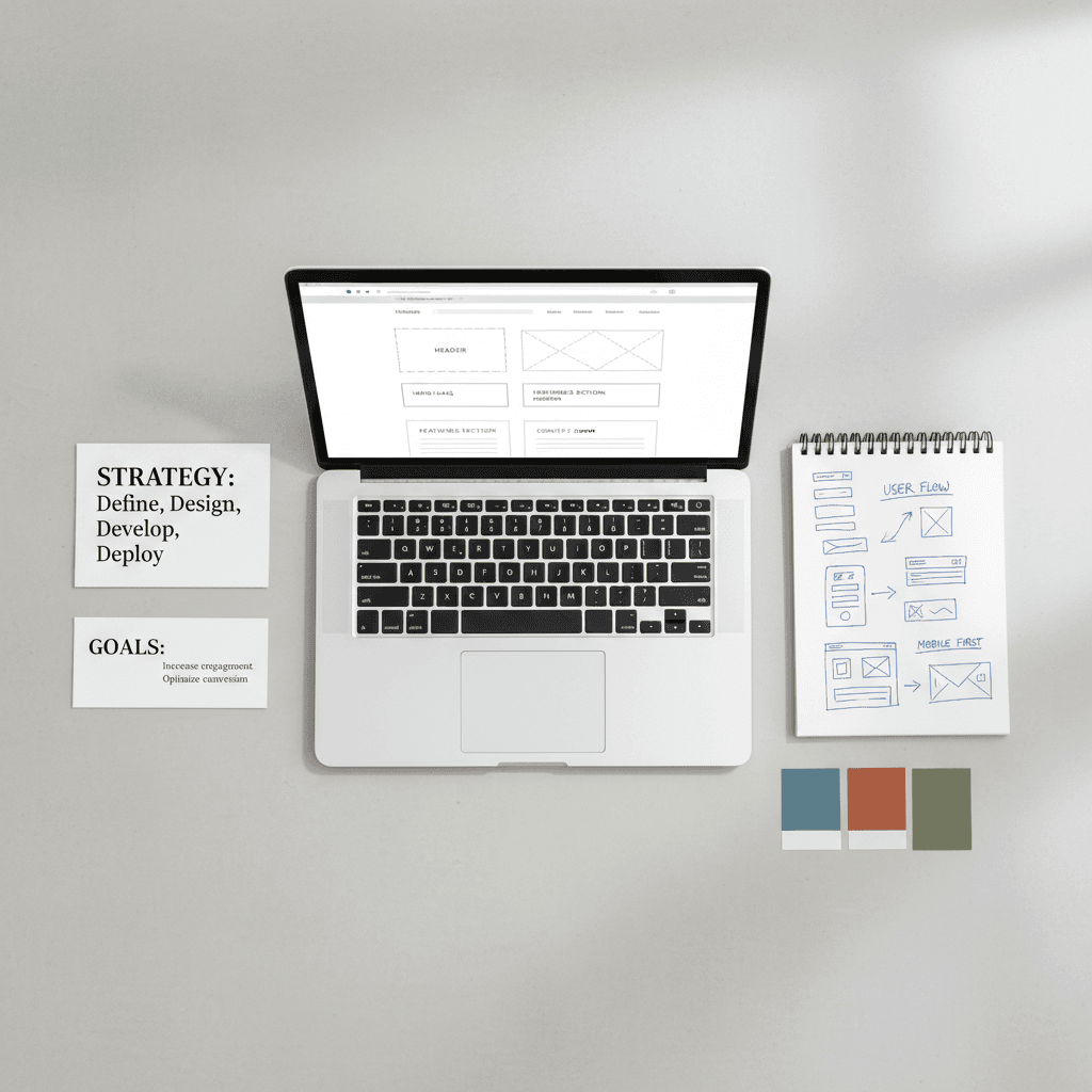 Website strategy planning materials and workspace