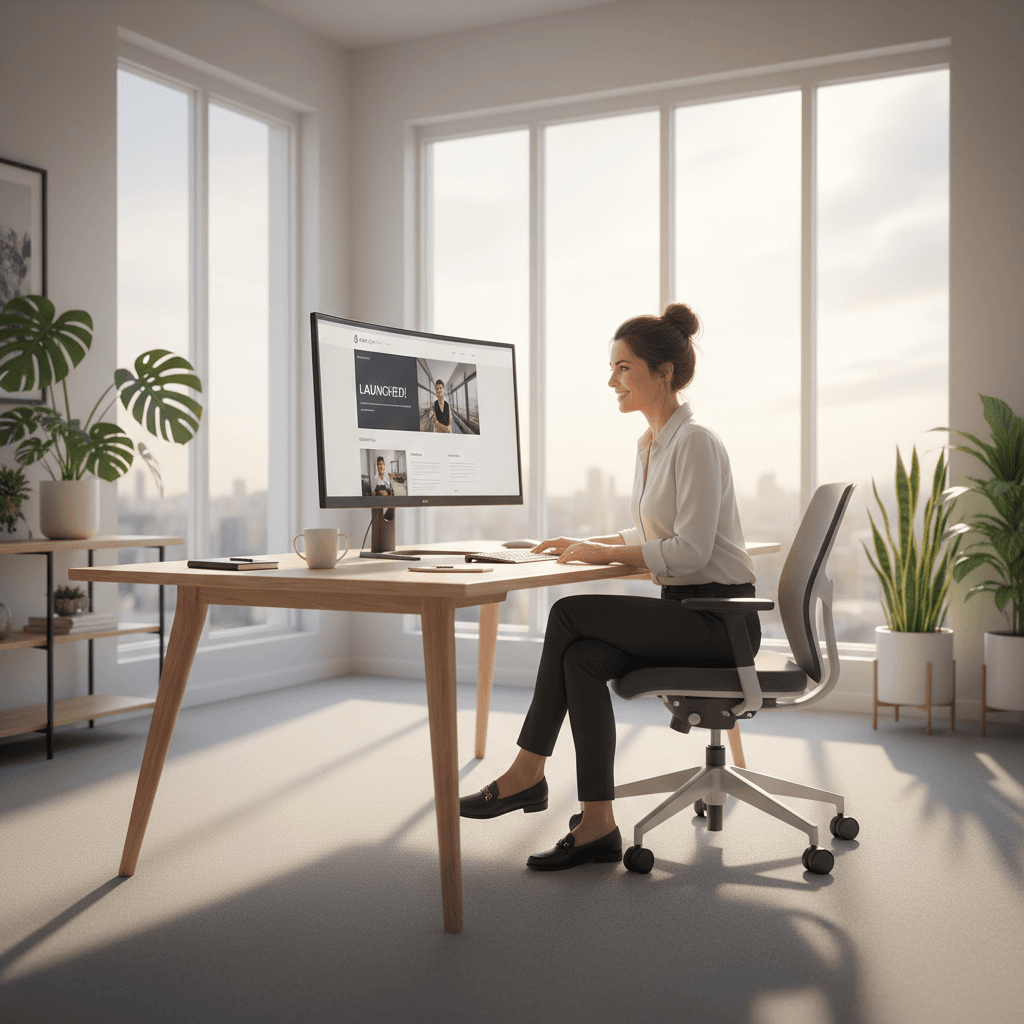A fresh, energetic lifestyle aesthetic wide shot of a small business owner reviewing their new website on a desktop monitor in a bright, modern office space.