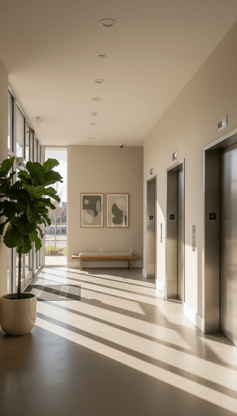 Tidy apartment lobby with clean glass doors