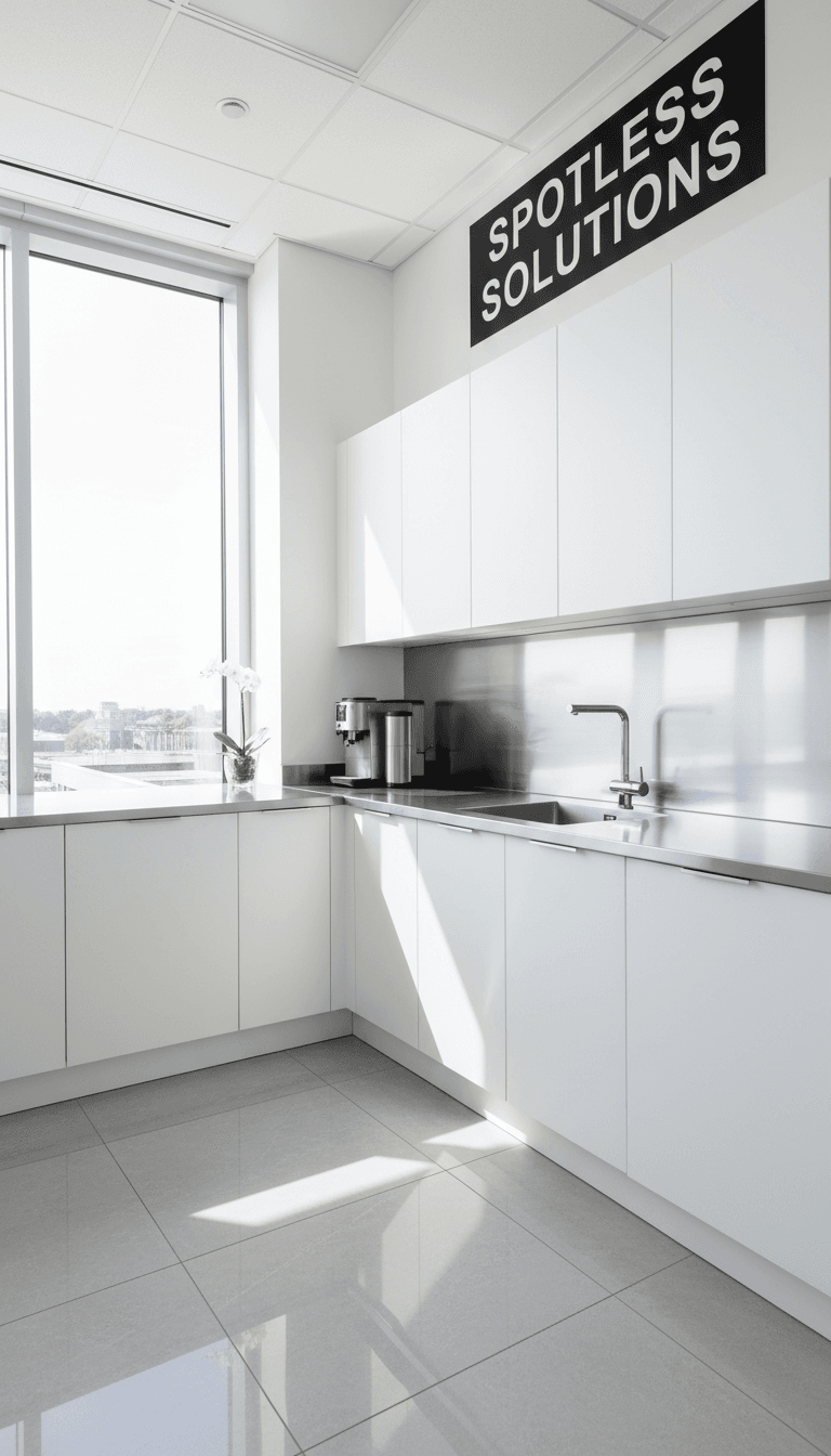 Clean office kitchen corner with polished stainless steel