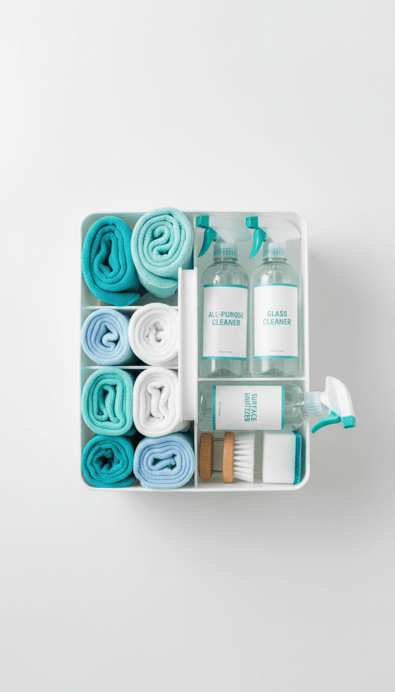 Organized cleaning caddy with color-coded cloths