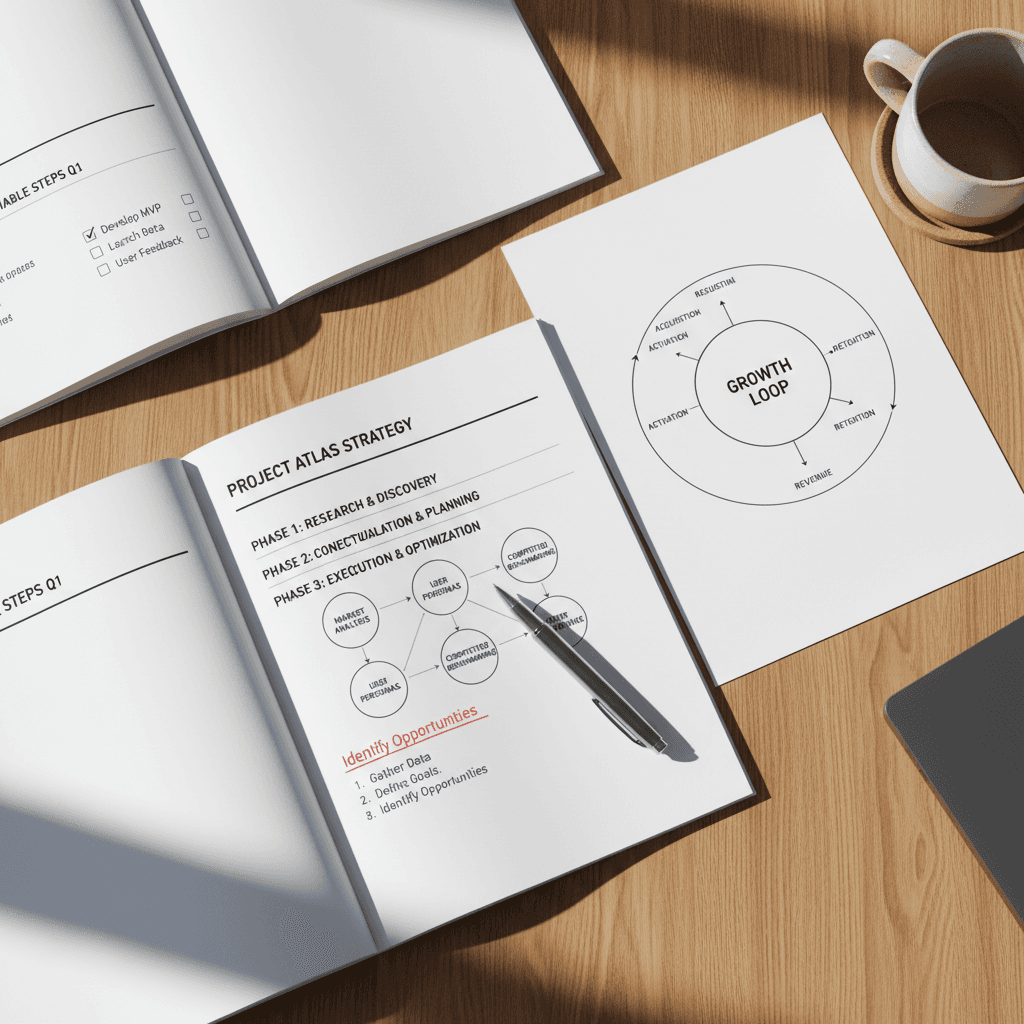 Printed customer success roadmap and strategy guide on desk