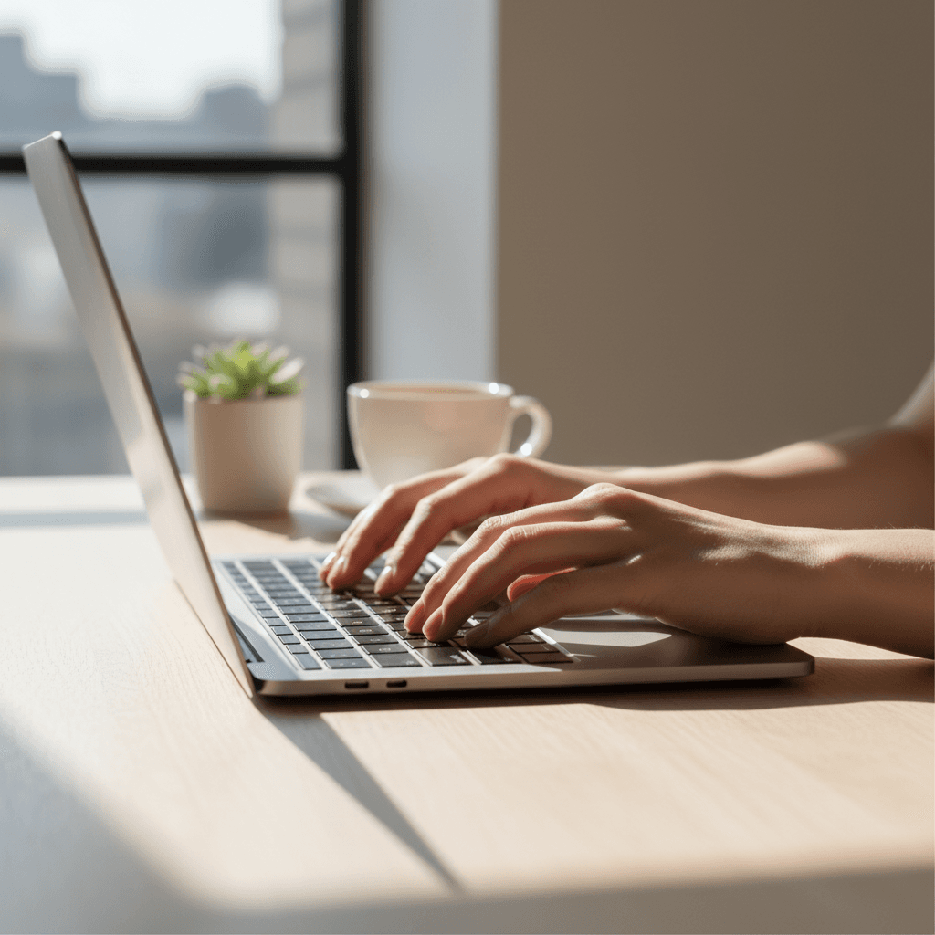 Hands typing on a laptop during focused work session