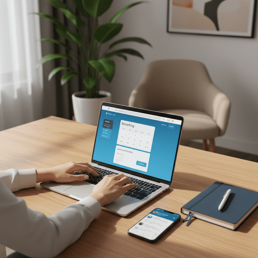 Laptop screen displaying a professional service website with clean navigation and booking form, warm ambient lighting on desk