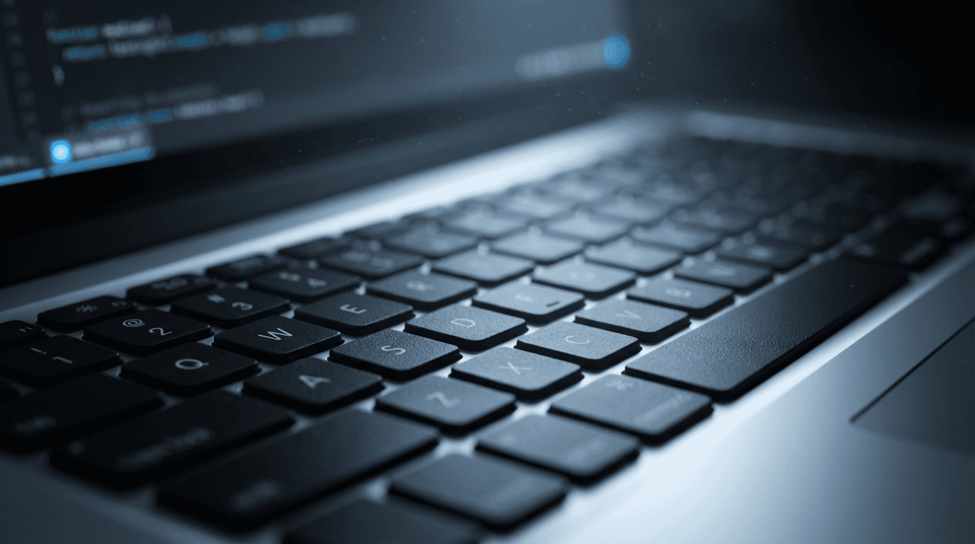 Web designer working on a website builder interface at a modern desk with dual monitors